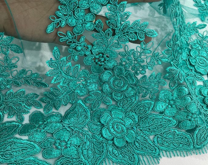 Jade 3D Flower Embroidery Lace Fabric By The Yard, Corded 3D Flower Embroidery Lace Fabric on a Mesh Lace Fabric For Wedding-Bridal