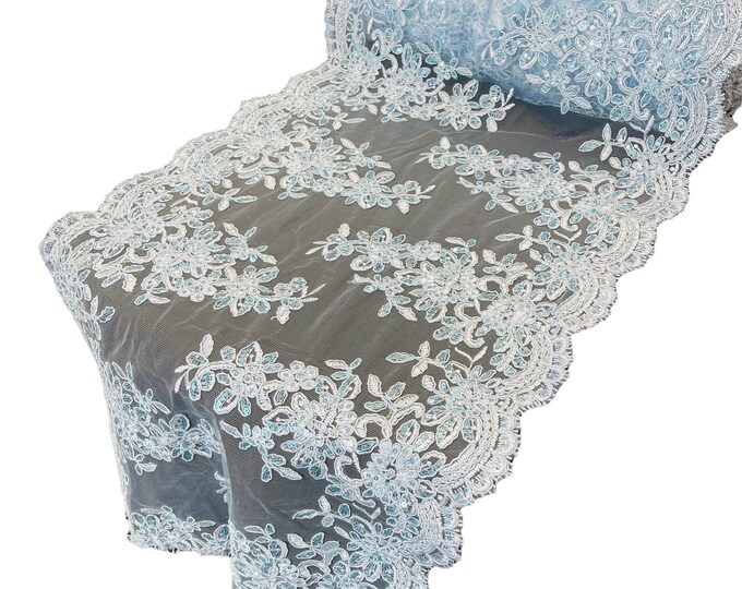 Baby Blue Floral Lace Fabric For Runner 14” Inch - by the yard - Embroidery With Sequins on a Mesh Lace Fabric For Wedding
