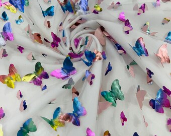 Rainbow 3D Butterfly Lace Fabric: Embroidered Tulle Bridal Wedding Dress - By The Yard