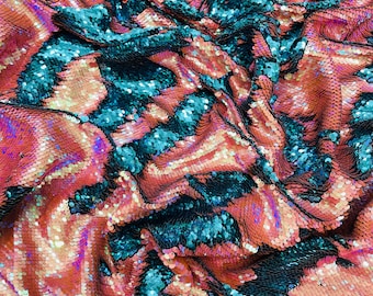 Turquoise/Coral Sequins Fabric: 2-Way Stretch Flip-Up Reversible Sequin