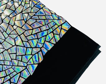 Mirror Silver Iridescent Sequin Fabric, 2 way Stretch Velvet Sequin Fabric by the Yard, 58/60”Geometric Sequin on Black Stretch Velvet Prom