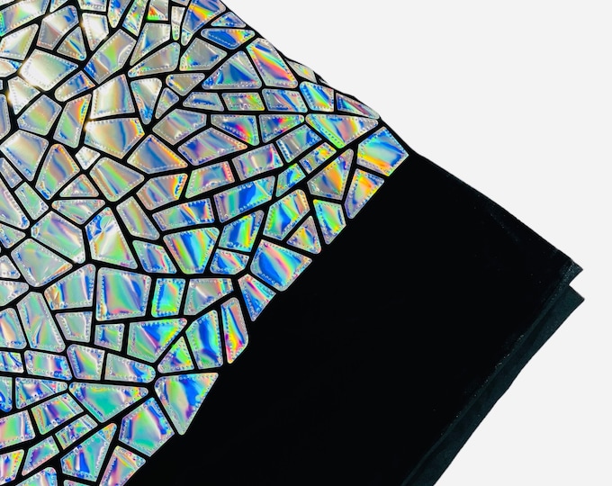 Mirror Silver Iridescent Sequin Fabric, 2 way Stretch Velvet Sequin Fabric by the Yard, 58/60”Geometric Sequin on Black Stretch Velvet Prom