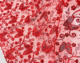 Red Butterfly Embroidered Lace Fabric with Metallic Thread & Sequins by yard