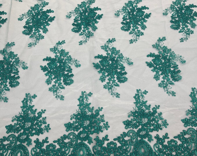 Teal Floral Lace Fabric, Embroidery on a Mesh Lace Fabric By The Yard For Gown, Wedding-Bridal-Dress