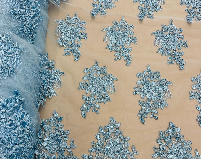 Flower Lace Fabric - Baby Blue Floral Clusters Embroidered Lace Mesh Fabric Sold By The Yard