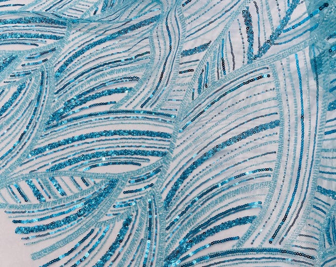 Turquoise Beaded Lace Fabric: Embroidered Mesh, Bridal Wedding Dress - Fashion Beaded