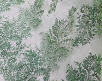 Sage Silver Rhinestones Glitter Fabric on a Mesh By The Yard | Quinceañera Design  Glitter Rhinestones on Mesh Fabric Prom Dress