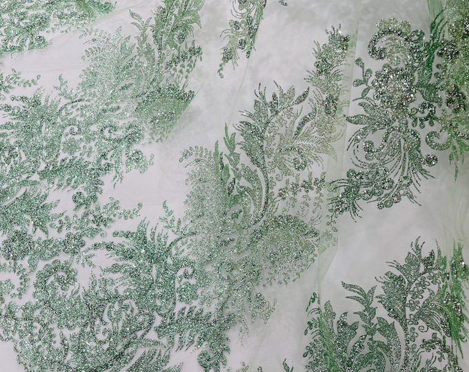 Sage Silver Rhinestones Glitter Fabric on a Mesh By The Yard | Quinceañera Design  Glitter Rhinestones on Mesh Fabric Prom Dress