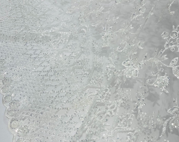 White Beaded Sequined Lace Fabric: Embroidered Mesh, Bridal Wedding Dress