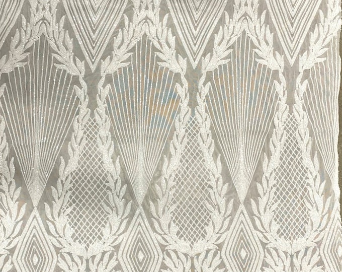 White Sequins Fabric  - 4 Way Stretch Geometric Diamond Design on Mesh Fabric for Prom Gala Gown By The Yard