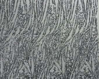 Silver Sequin Damask Fabric, 4-Way Stretch Spandex Mesh, By The Yard