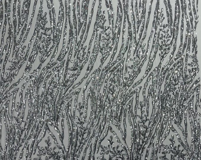 Silver Sequin Fabric 4 Way Stretch Fashion Design Sequins on White Spandex Mesh Prom Gala Gown Fabric By The Yard