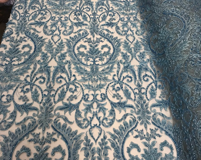 Baby Blue Beaded Fabric - by the yard - Embroidered Damask Pattern With Pearls and Beads on Mesh Lace Fabric Wedding