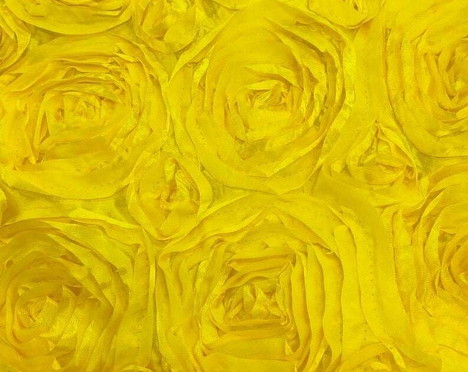 Yellow Rosette Fabric 3D Rosette Satin, Floral Satin ( Choose The Size )