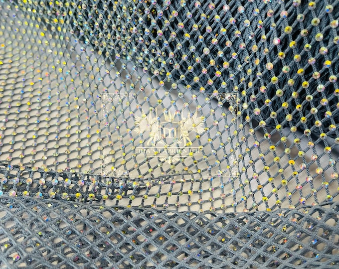 Iridescent Rhinestones Fabric by the yard On Gray Stretch Net Fabric, Spandex Fish Net with Crystal Stones
