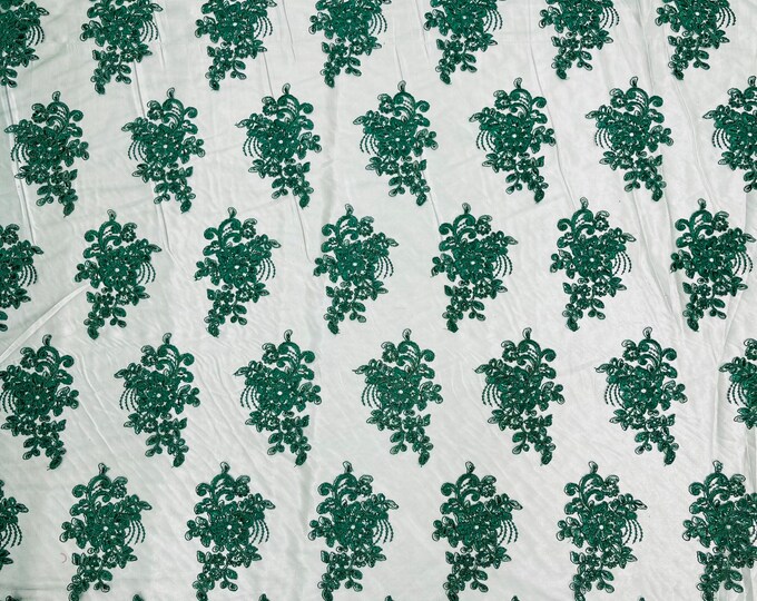 Hunter Green Flowers With Sequins Corded Lace On Mesh Fabric By The Yard Used For -Dress-Bridal-Fashion