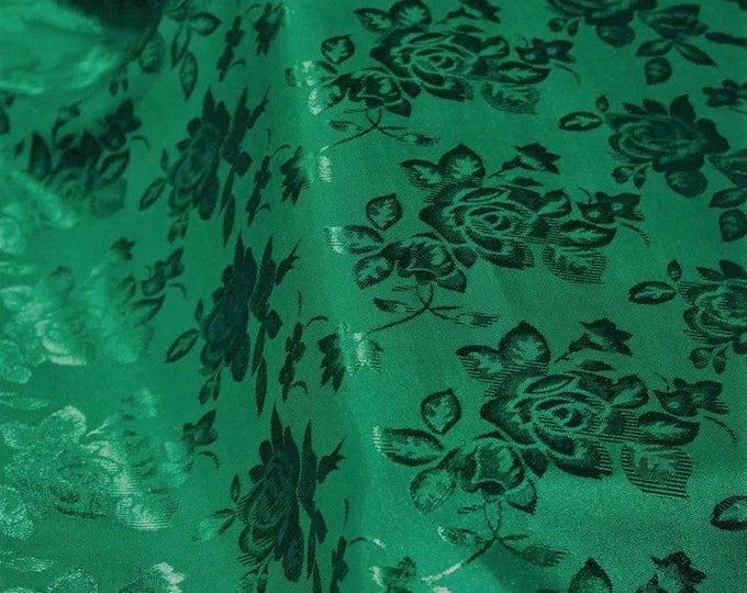 Kelly Green Flower Brocade Jacquard Satin Fabric, Sold By The Yard Polyester Satin Floral Wide 58/60"  (Choose The Quantity)