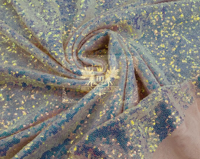 Clear Iridescent Mini Glitz Sequins on Light Pink Mesh 4 Way Stretch Sequin Fabric Dresses-Nightgowns-Prom Gown (Choose The Size)