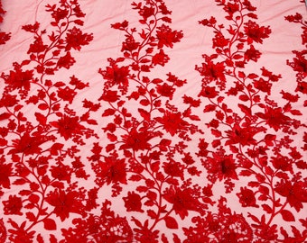 Red 3D Floral Design - by the yard - Embroider Flower With Pearls On a Mesh Lace-Prom-Dresses-Nightgown-Apparel