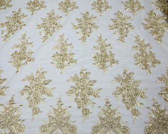 Champagne Floral Lace Fabric: Embroidered Sequins Mesh, Bridal Gown Material