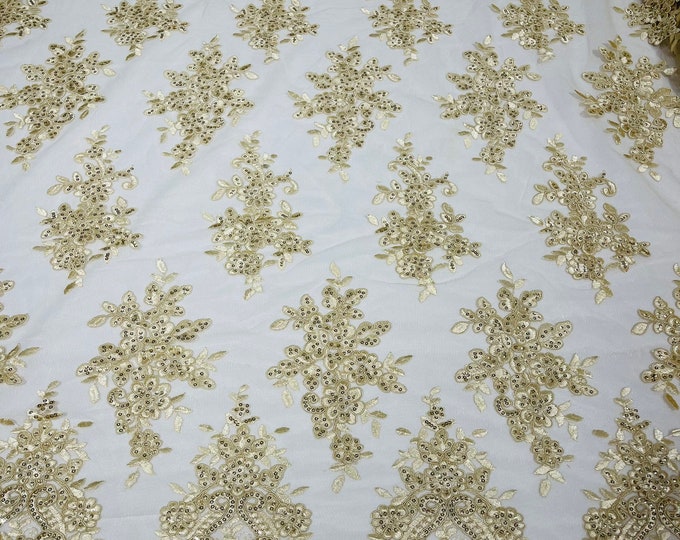 Light Champagne Floral Lace Fabric, Embroidery With Sequins on a Mesh Lace Fabric For Gown, Wedding-Bridal By The Yard
