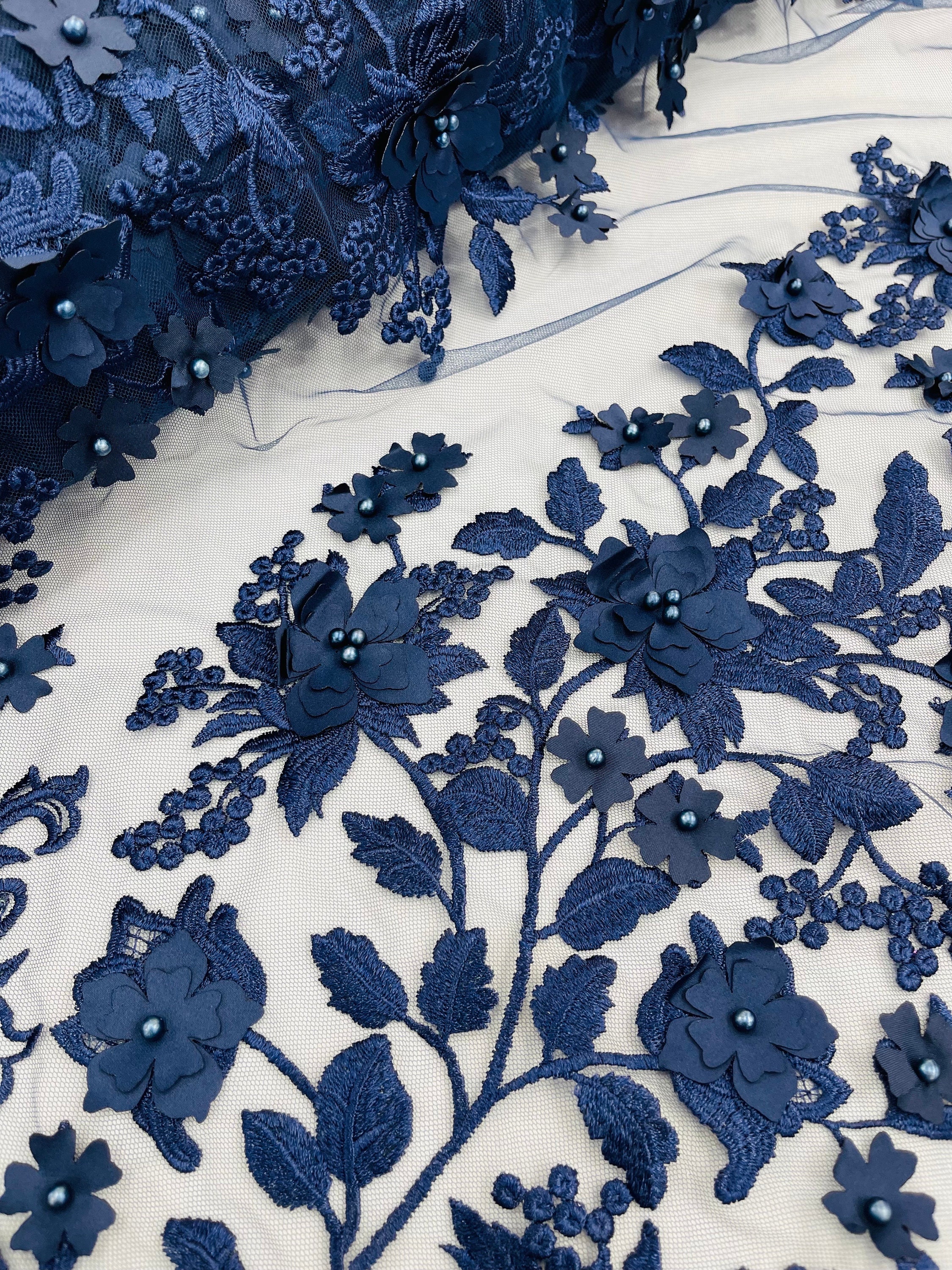 Navy Blue 3D Floral Design Embroider With Pearls on a Mesh Lace-prom ...