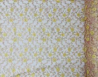 Gold Floral Embroidered Tulle Lace Fabric: Mauve Rose Leaves