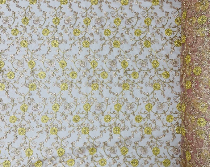 Metallic Gold Flowers With Rose Leaves Embroidered Mauve Tulle, Corded Lace Fabric by the yard, Multi Colors Floral Design (Pick a Size)