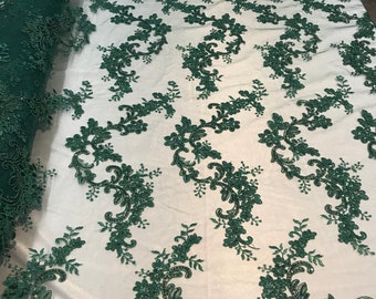 Hunter Green Floral Lace Fabric with Sequins, Bridal Gown Mesh Lace By The Yard