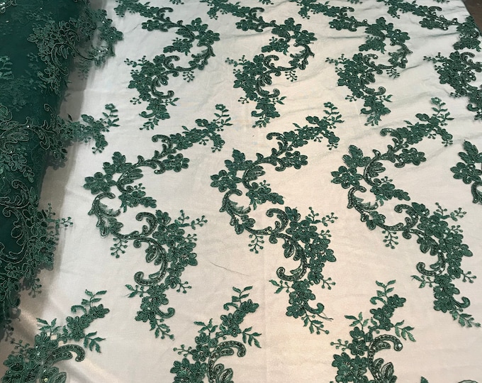 Hunter Green Floral Lace Fabric, Embroidery With Sequins on a Mesh Lace Fabric By The Yard For Gown, Wedding-Bridal
