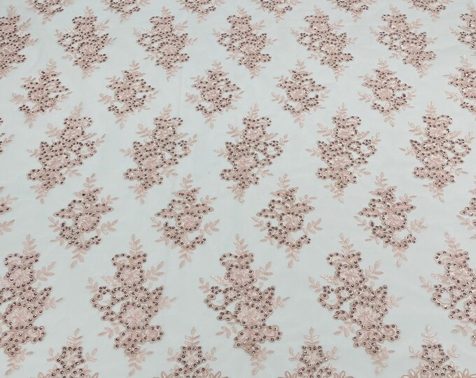 Blush Pink Floral Lace Fabric - by yard - Embroidery With Sequins on a Mesh Corded Lace Fabric, For Gown - Wedding - Bridal