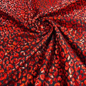 Metallic Leopard Print Spandex Fabric: Black/Red Hologram, 4-Way Stretch