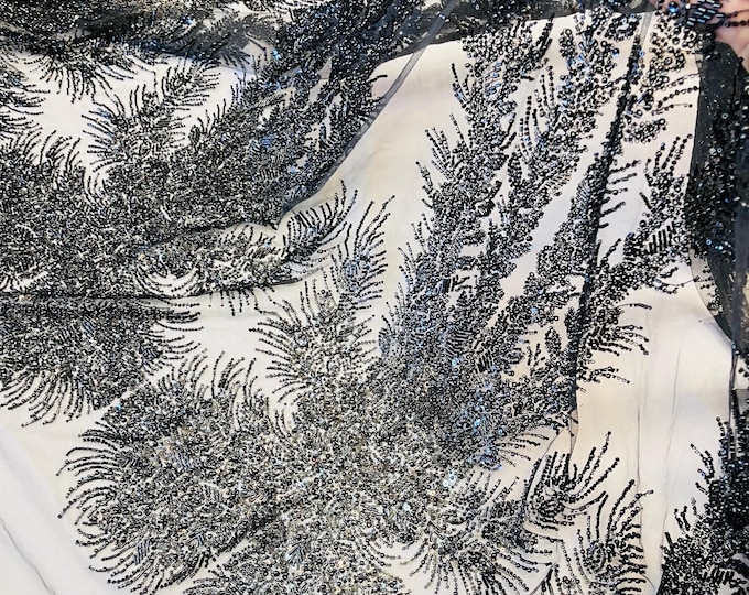 Black Beaded Fabric | Fashion Pattern With Pearls Beads and Sequin, Bridal beaded Prom Dress