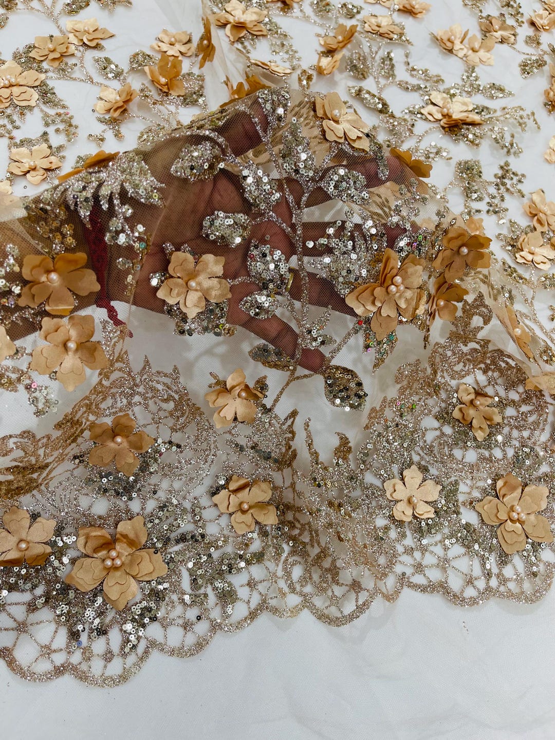 Skin Gold 3D Flower Glitter Sequin Fabric by the Yard, 3D Floral ...