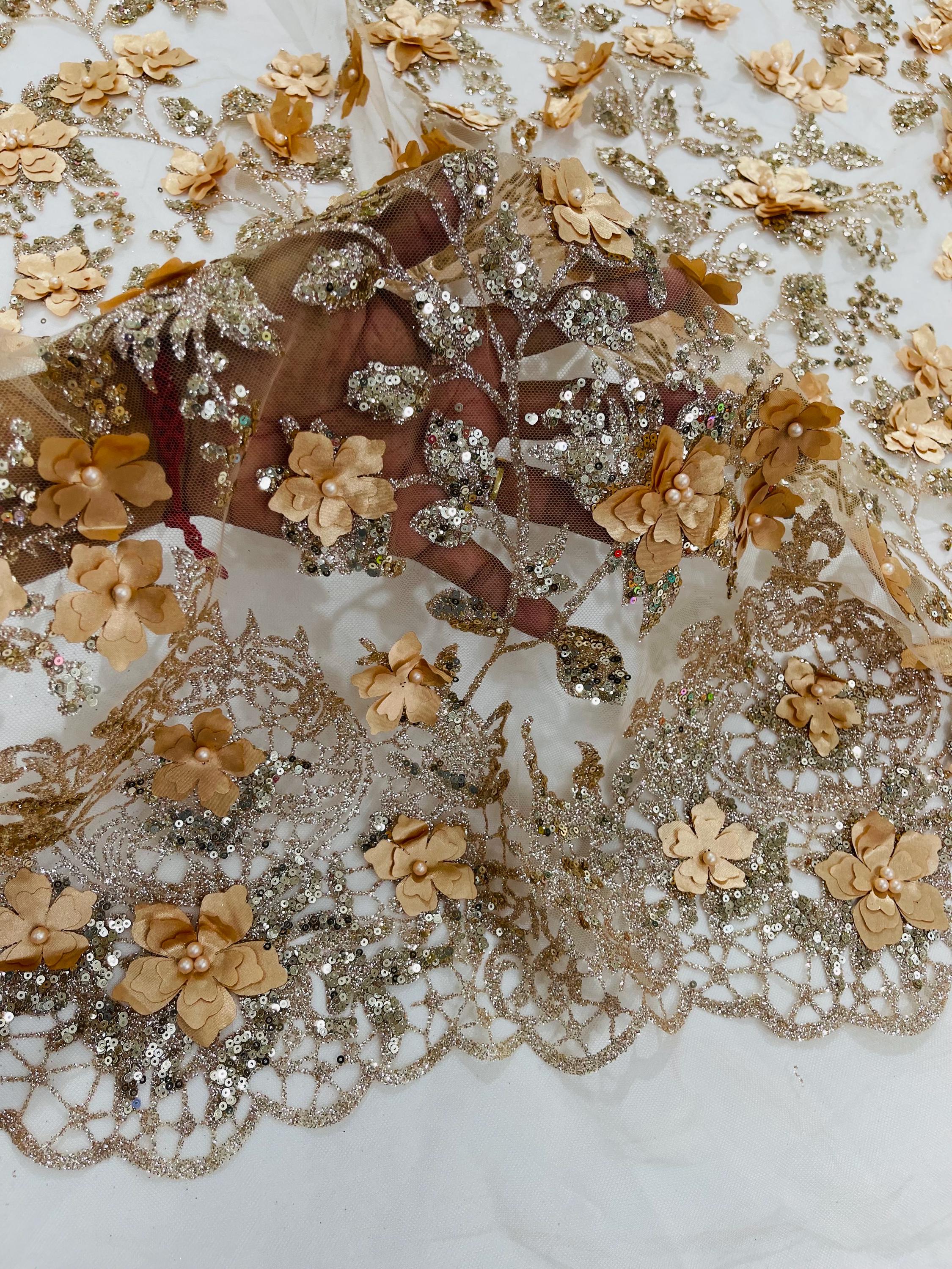Skin Gold 3D Flower Glitter Sequin Fabric by the Yard, 3D Floral ...