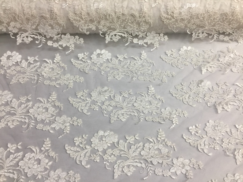 Pick a Size Ivory Flower Design Embroidered on Mesh Lace Fabric Floral Bridal Lace Wedding Dress by the Yard