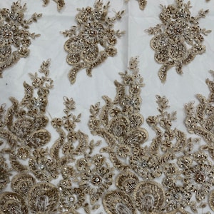 Taupe Flower Design Beads and Sequins, Rhinestone Beaded Fabric Embroidered on a Mesh Lace,Wedding,Bridal,Dress Sold By The Yard