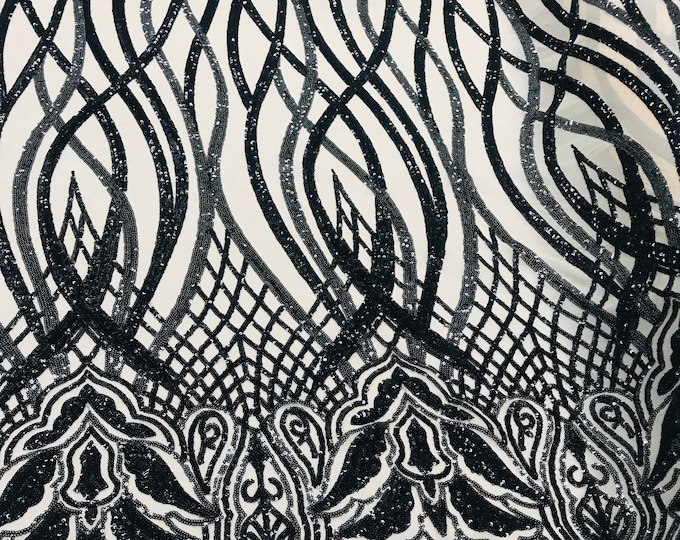 Black Sequins Lace Fabric On Nude Mesh Vines Design Embroidered On 4way Stretch Sequin By The Yard -Prom-Gown ( Choose The Size )