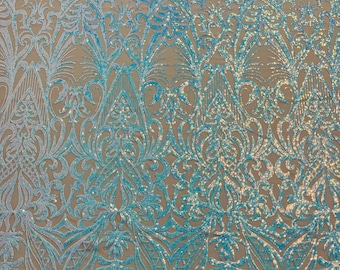 Aqua Iridescent Sequin Fabric on Nude Mesh - by the yard - Damask Design on a 4 Way Stretch Shine Sequins Fabric Mesh-Prom-Gown