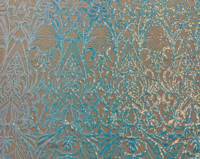 Aqua Iridescent Sequin Fabric on Nude Mesh - by the yard - Damask Design on a 4 Way Stretch Shine Sequins Fabric Mesh-Prom-Gown