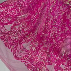 Hot Pink Iridescent Sequin Fabric, Damask Mesh, 4-Way Stretch, By The Yard