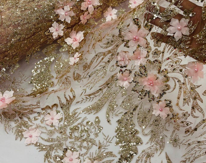 Rose Gold Glitter Floral Mesh, Glitter 3D Flower Sequin Fabric, Wedding Dresses & Quinseñera