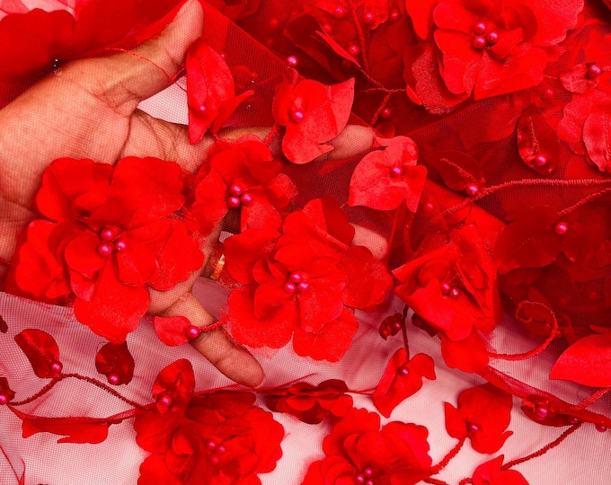 Red Orquidia 3D Floral Design Embroider With Pearls On a Mesh Lace Fabric, Orquidia Big 3D Flower Lace Fabric | Prom-Dress By The Yard