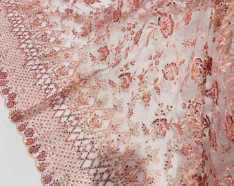 Dusty Blush Beaded Sequined Lace Fabric: Embroidered Mesh, Bridal Wedding Dress