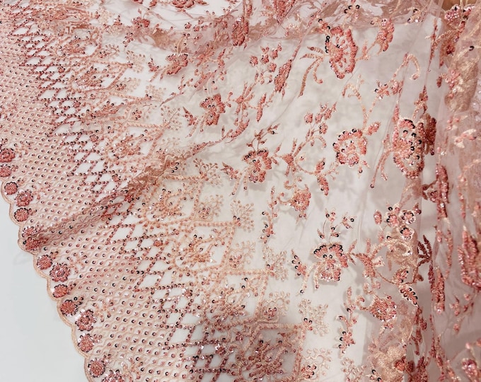 Dusty Blush Beaded Sequined Lace Fabric: Embroidered Mesh, Bridal Wedding Dress