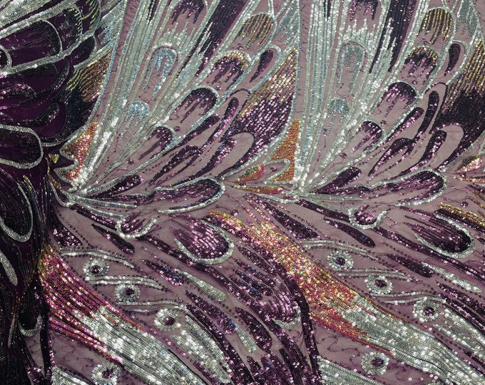 Multi Color Pink Iridescent Sequins - Olivia Design 4 Way Stretch Sequin Fabric on a Spandex Mesh-Prom-Gown By The Yard