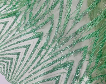 Mint Fringe Beaded Fabric By The Yard, Geometric Design Beaded Fringe Sequin, Fringe Beaded Fabric Embroidered on a Mesh Lace Prom Dress