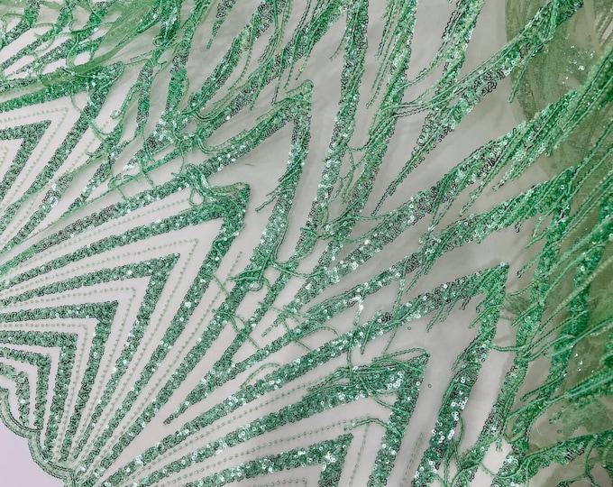 Mint Fringe Beaded Fabric By The Yard, Geometric Design Beaded Fringe Sequin, Fringe Beaded Fabric Embroidered on a Mesh Lace Prom Dress
