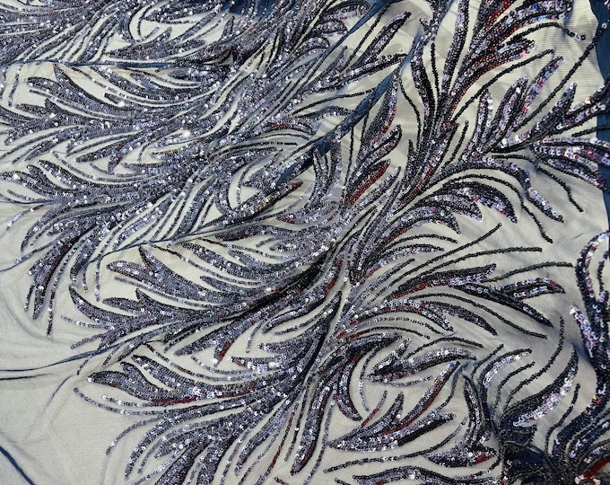 Navy Blue Sequin Fabric - 4 Way Stretch Sequins on a Mesh Prom Gala Gown Fabric By The Yard