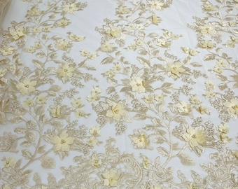 Champagne 3D Floral Design - by the yard - Embroider Flower With Pearls On a Mesh Lace-Prom-Dresses-Nightgown-Apparel